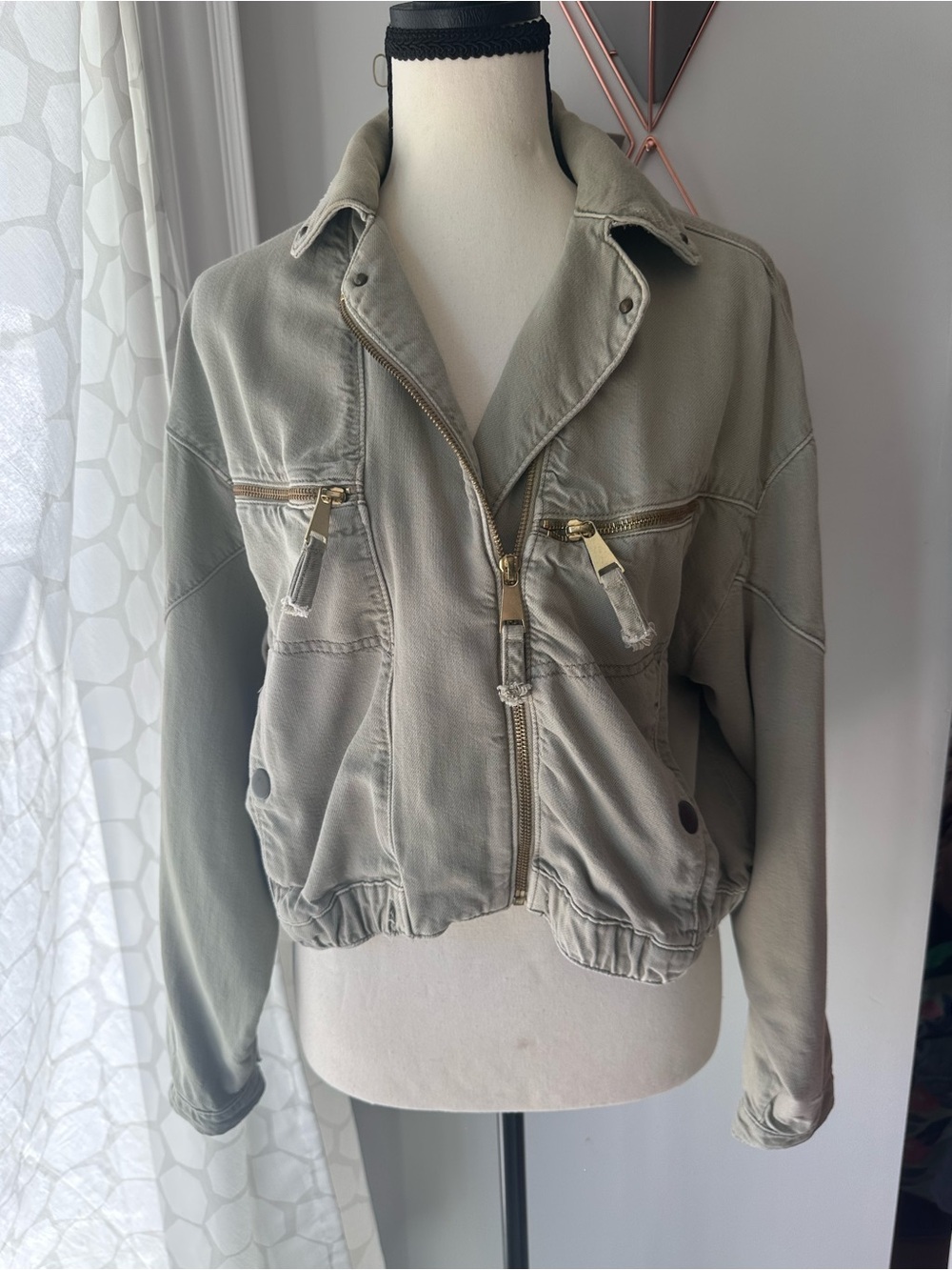 PILCRO ANTHROPOLOGIE Tidal Moto Utility Jacket Cropped Sage Green Tan Sz Medium - Picture 4 of 16